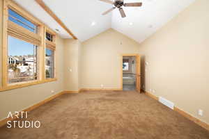 Empty room with carpet, ceiling fan, and recessed lighting