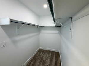 Walk in closet featuring dark carpet