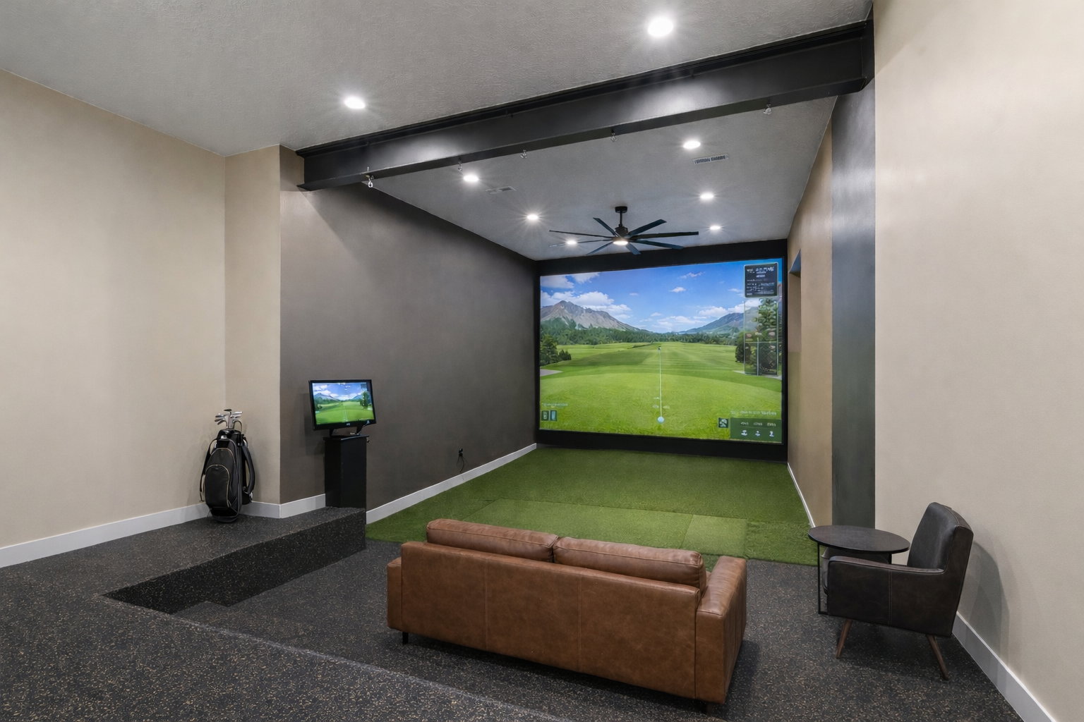 Recreation room featuring beamed ceiling, recessed lighting, and golf simulator