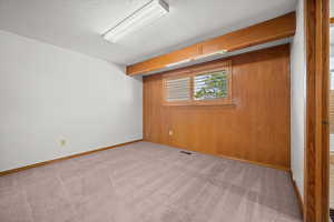 Spare room with wooden walls, light colored carpet, and a textured ceiling