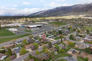 Aerial perspective of suburban area with mountains