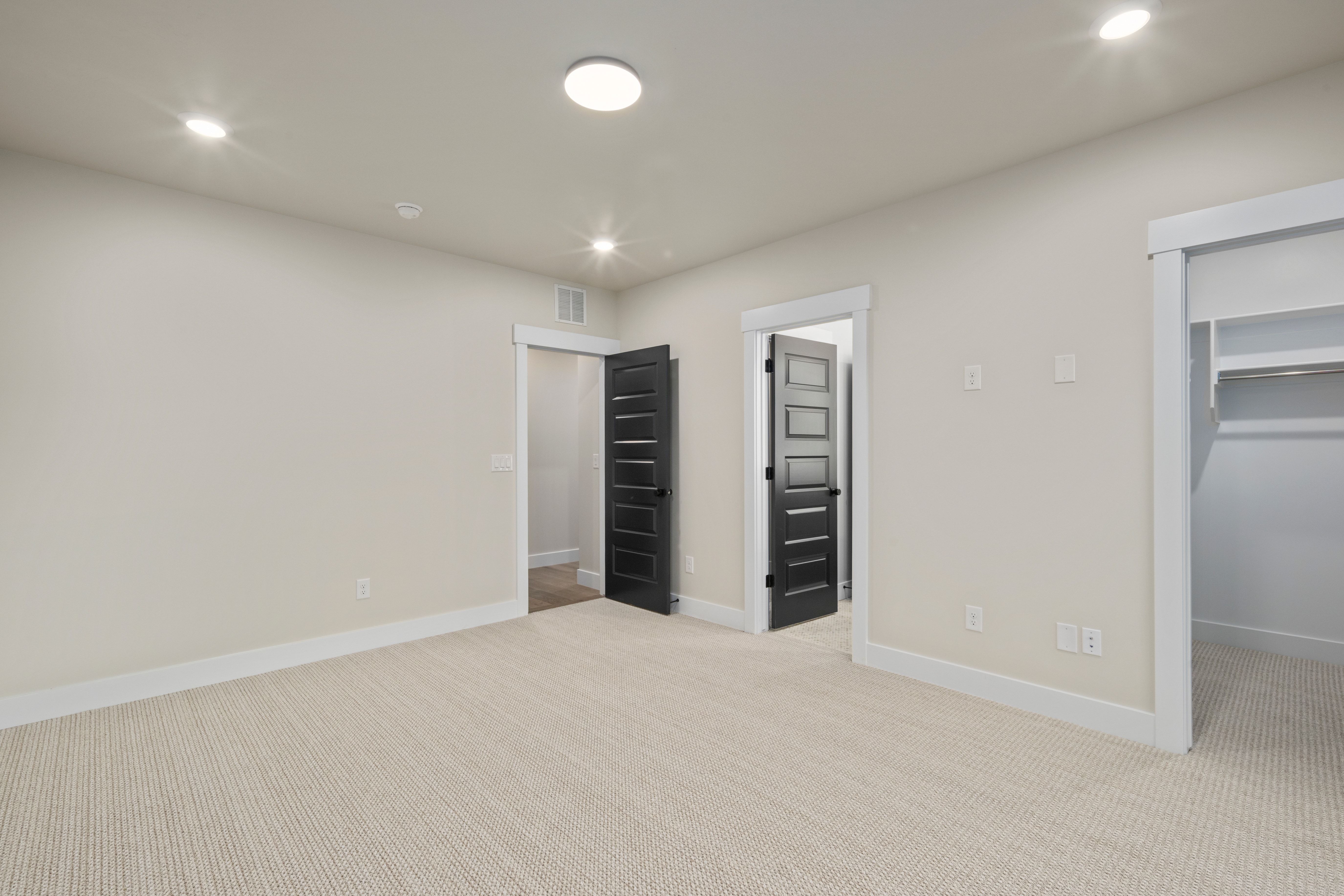 Spacious room featuring neutral carpeting, contemporary light gray walls, white trim, recessed lighting, and modern black shaker-style doors