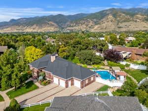 Aerial view of mountains and a pool