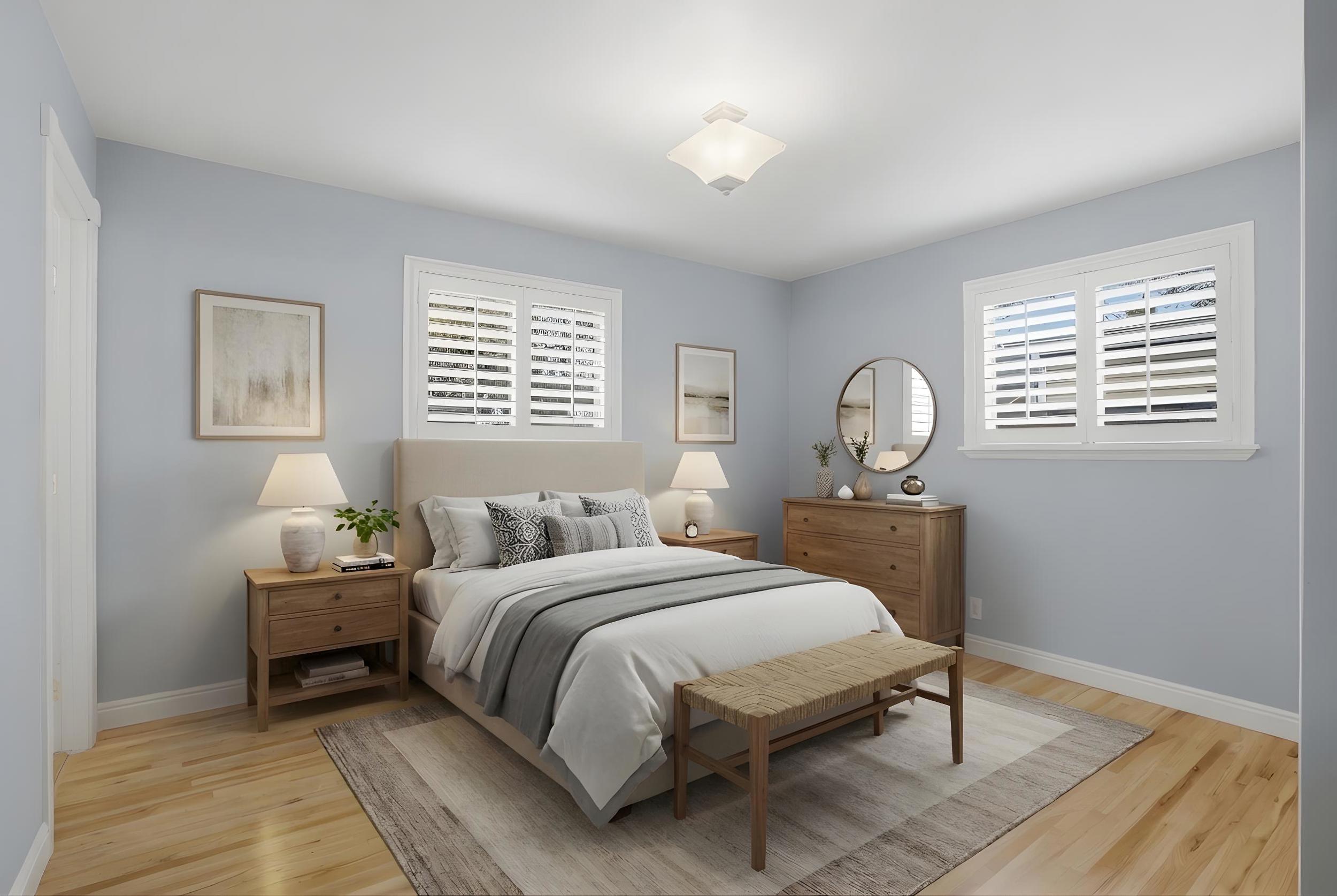 Bedroom featuring light wood finished floors *virtually staged.