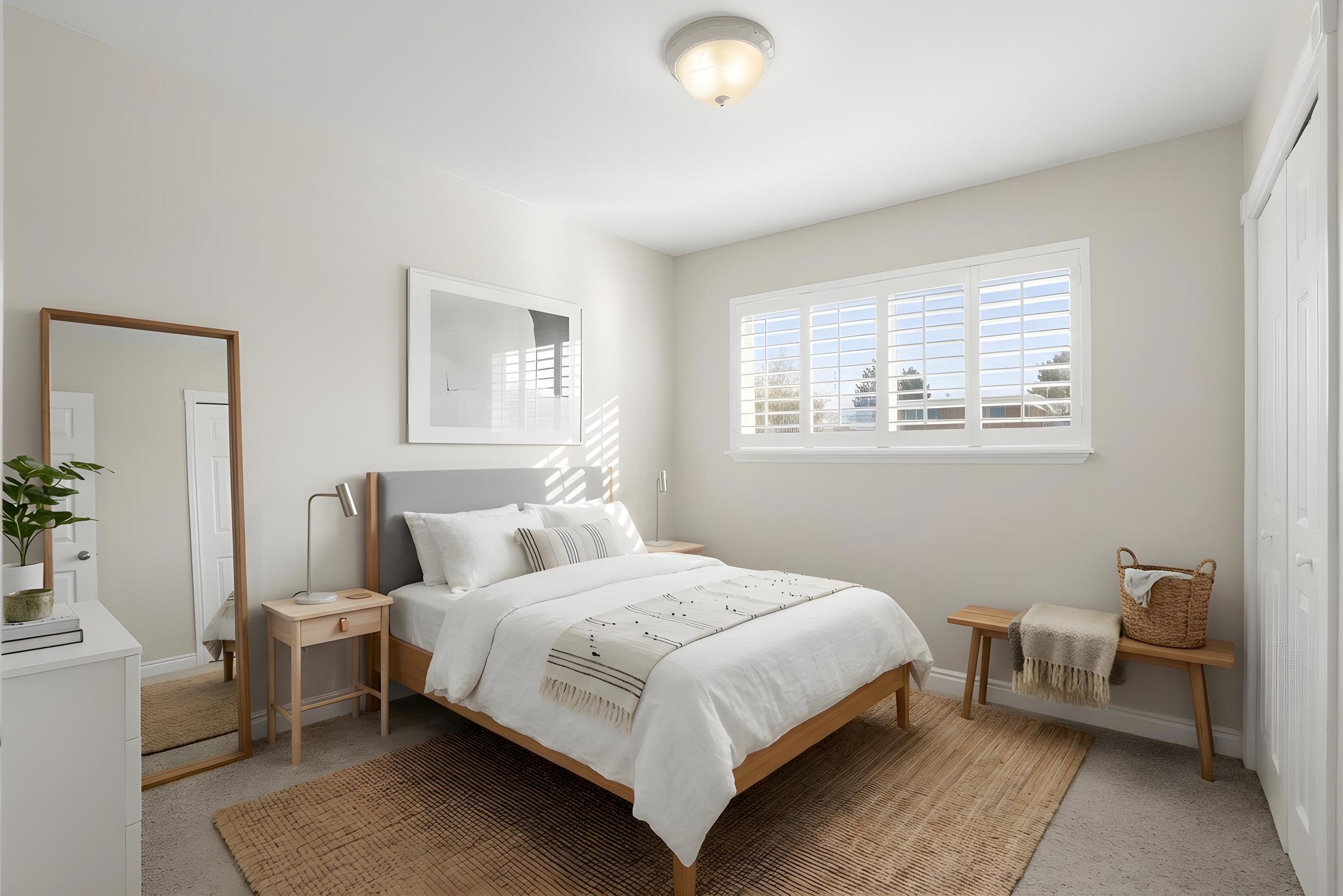 Bedroom with a closet and light colored carpet *Virtually staged.