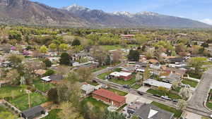 Aerial view of residential area with a mountain backdrop