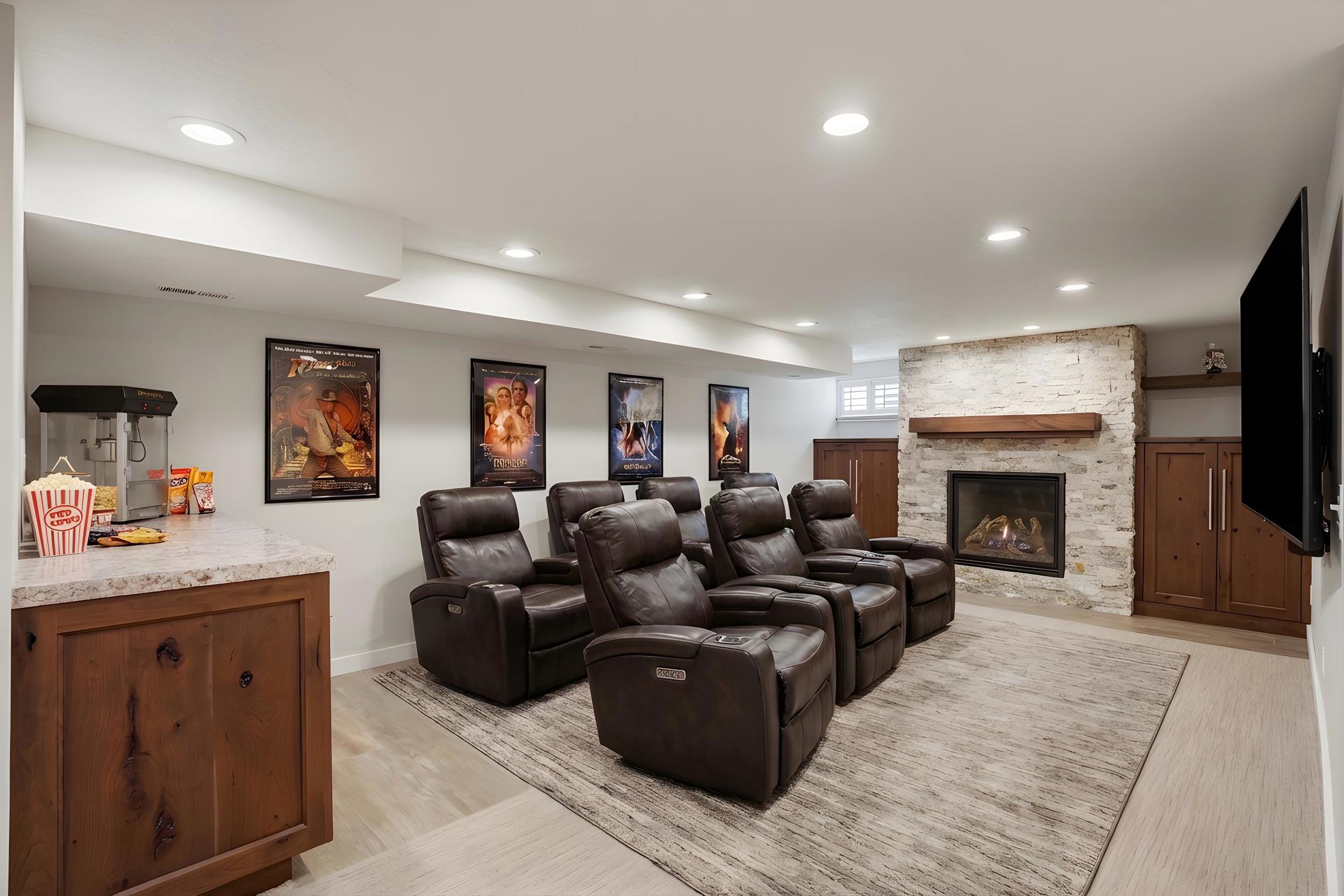 Home theater room with light wood-type flooring, a fireplace, and recessed lighting *virtually staged.