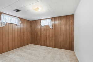 Bedroom with carpet, plenty of natural light, and wooden walls