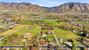 Aerial perspective of suburban area with mountains