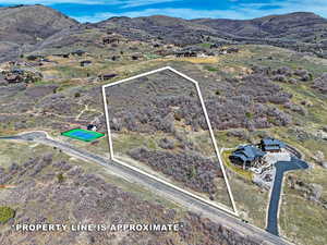 Aerial view of property and surrounding area with property parcel outlined and a mountain backdrop