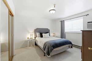 Bedroom with light carpet, a closet, and a baseboard radiator