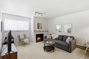 Carpeted living area featuring plenty of natural light, a tile fireplace, a textured ceiling, baseboard heating, and rail lighting