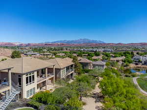 Aerial view of residential area with mountains