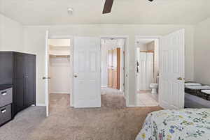 Bedroom featuring a walk in closet, light colored carpet, and ceiling fan