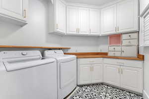 Laundry room featuring cabinet space and washing machine and clothes dryer
