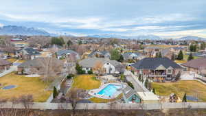 Aerial view of residential area with mountains