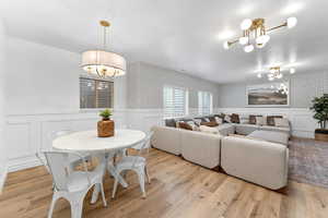 Living room featuring suspended lighting, wainscoting, a decorative wall, wallpapered walls, and light wood-style floors