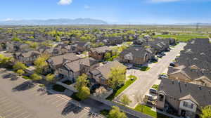 Aerial view of residential area with mountains