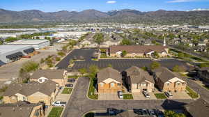 Aerial perspective of suburban area featuring mountains