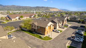 Aerial view of residential area with a mountain backdrop