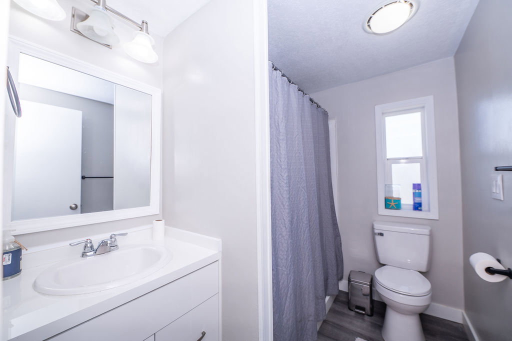 Bathroom with curtained shower, vanity, and dark wood-type flooring
