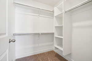 Walk in closet with carpet floors