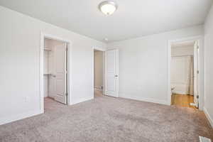 Unfurnished bedroom featuring light colored carpet, ensuite bathroom, and a spacious closet
