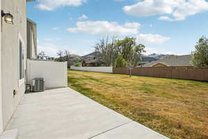 Fenced yard featuring a patio area and a mountain view