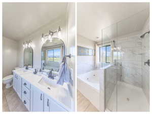 BRAND NEW Primary Bathroom! Shower glass hardware being switched to black this week. The wrong color was installed.