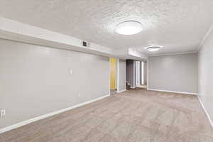 Finished basement with a textured ceiling and light carpet
