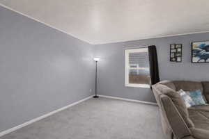 Sitting room with carpet floors and baseboards