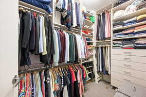 Walk in closet with light colored carpet