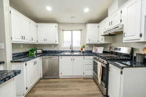 Kitchen featuring white cabinets, stainless steel appliances, light wood-type flooring, dark stone countertops, and recessed lighting
