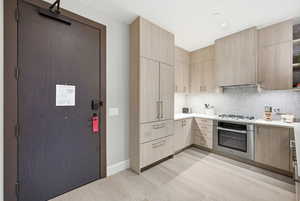Kitchen featuring light wood finish cabinetry, modern cabinets, stainless steel appliances, and backsplash