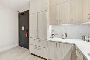 Kitchen featuring light wood finish cabinetry, modern cabinets, and light wood-style floors