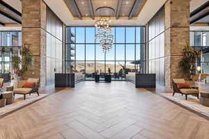 Community lobby with a high ceiling