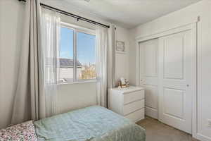 Bedroom with light colored carpet and a closet