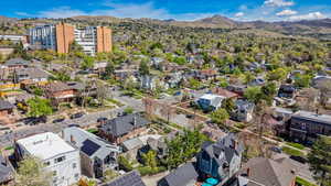 Aerial view of residential area with a mountain backdrop