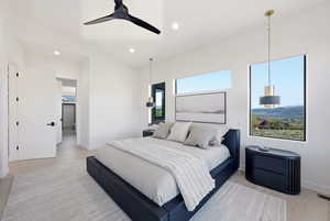Bedroom with recessed lighting, ceiling fan, and light wood-style floors