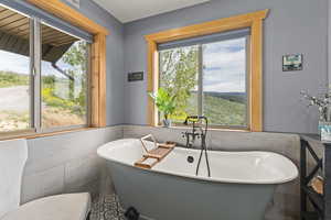 Bathroom featuring tile walls, a soaking tub, a wainscoted wall, and healthy amount of natural light