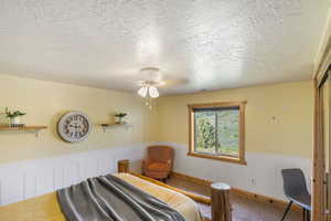 Bedroom with a wainscoted wall, a decorative wall, a textured ceiling, and carpet