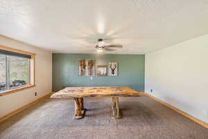 Recreation room featuring carpet, a ceiling fan, and a textured ceiling