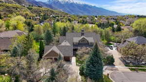 Aerial view of residential area featuring mountains