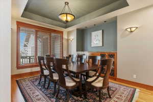 Dining space with a tray ceiling and wood finished floors