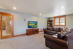 Living room featuring light colored carpet, recessed lighting, and a textured ceiling
