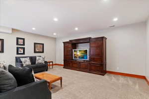 Living area with light carpet and recessed lighting