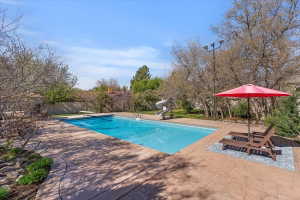 Outdoor pool with a diving board, a water slide, a patio area, and a fenced backyard