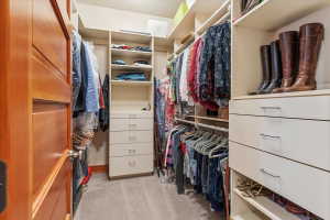 Walk in closet featuring light colored carpet