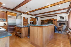 Kitchen with a fireplace, stainless steel appliances, a warming drawer, light wood-style floors, and open floor plan
