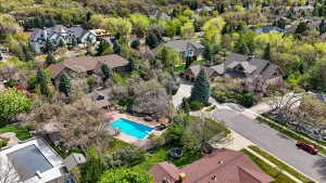 Aerial view of residential area with a pool